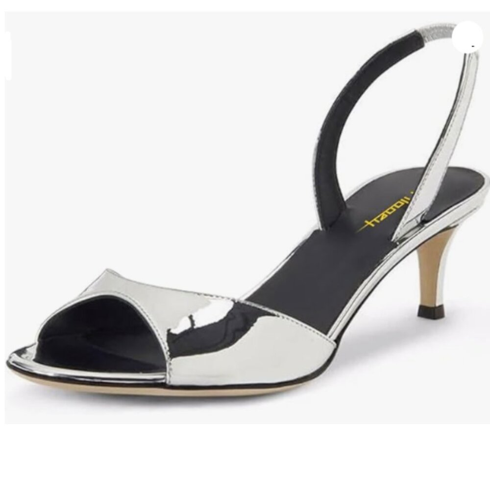 Milooey shoes Women Comfy Slingback Kitten Low Heels Elegant Peep Toe Sliver